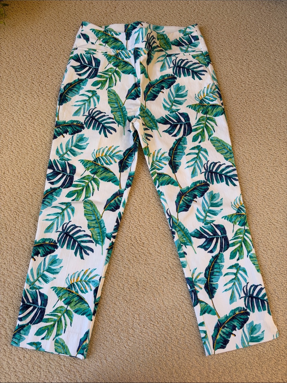 Chico's White Capris with Green & Teal Leaf Print